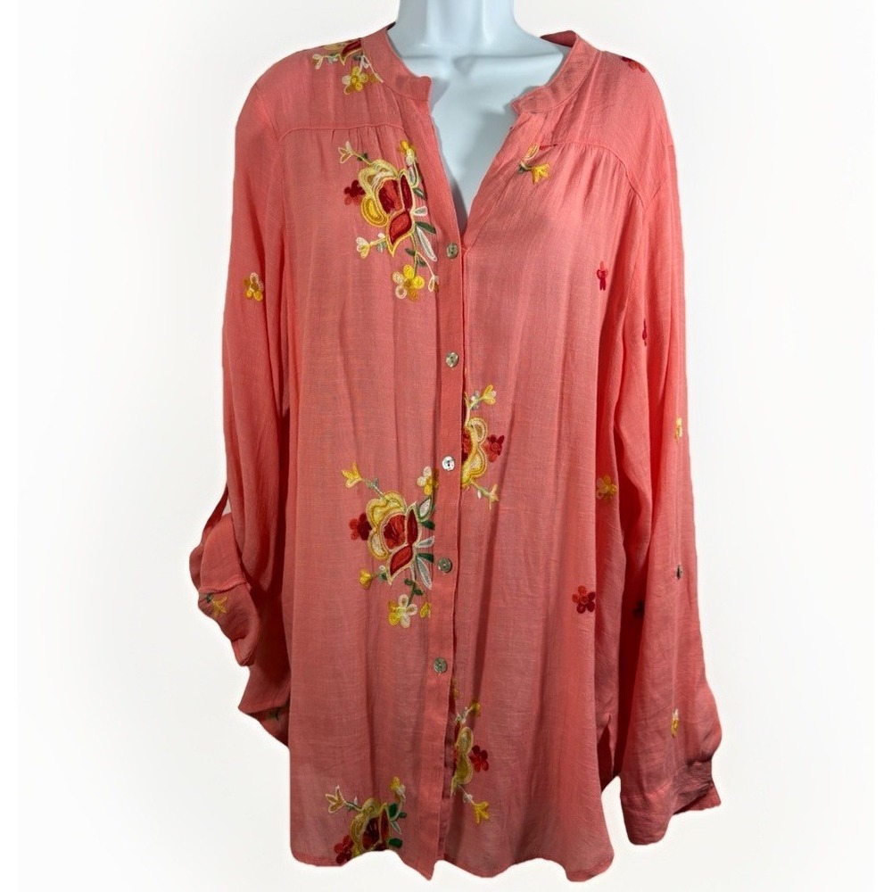 Hope Springs Blouse XXL Gauzy Button-up Floral‎ Embroidery Boho Chic Coastal